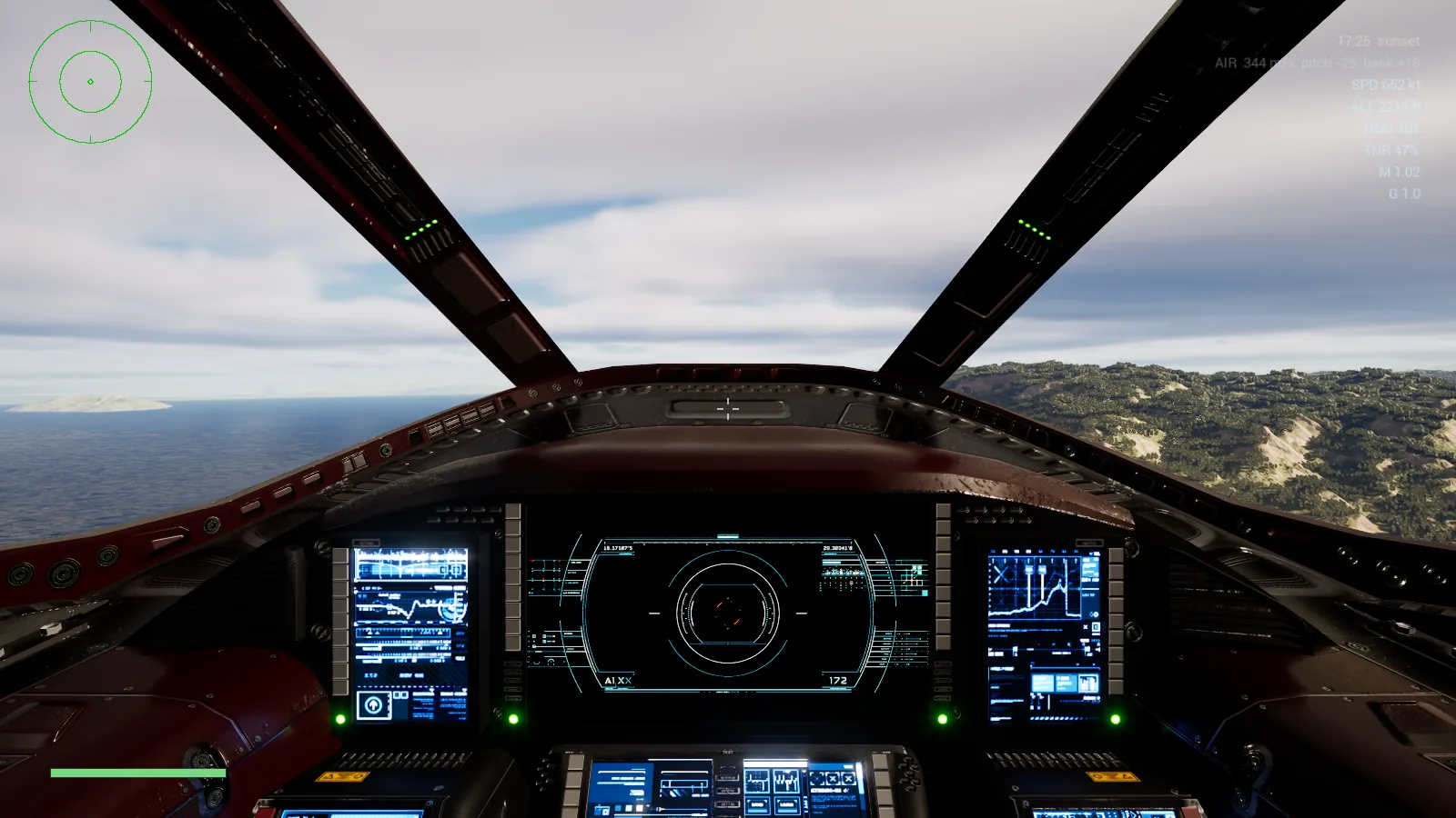 The atmospheric scout's cockpit in flight over green hills, with primary flight display and moving map lit