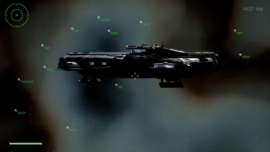 The Aporia, a long dark frigate hull, seen from her starboard quarter against a nebula