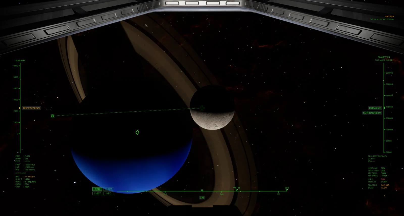 Cervantes VII, a blue ringed gas giant, with a moon beside it, from the seat