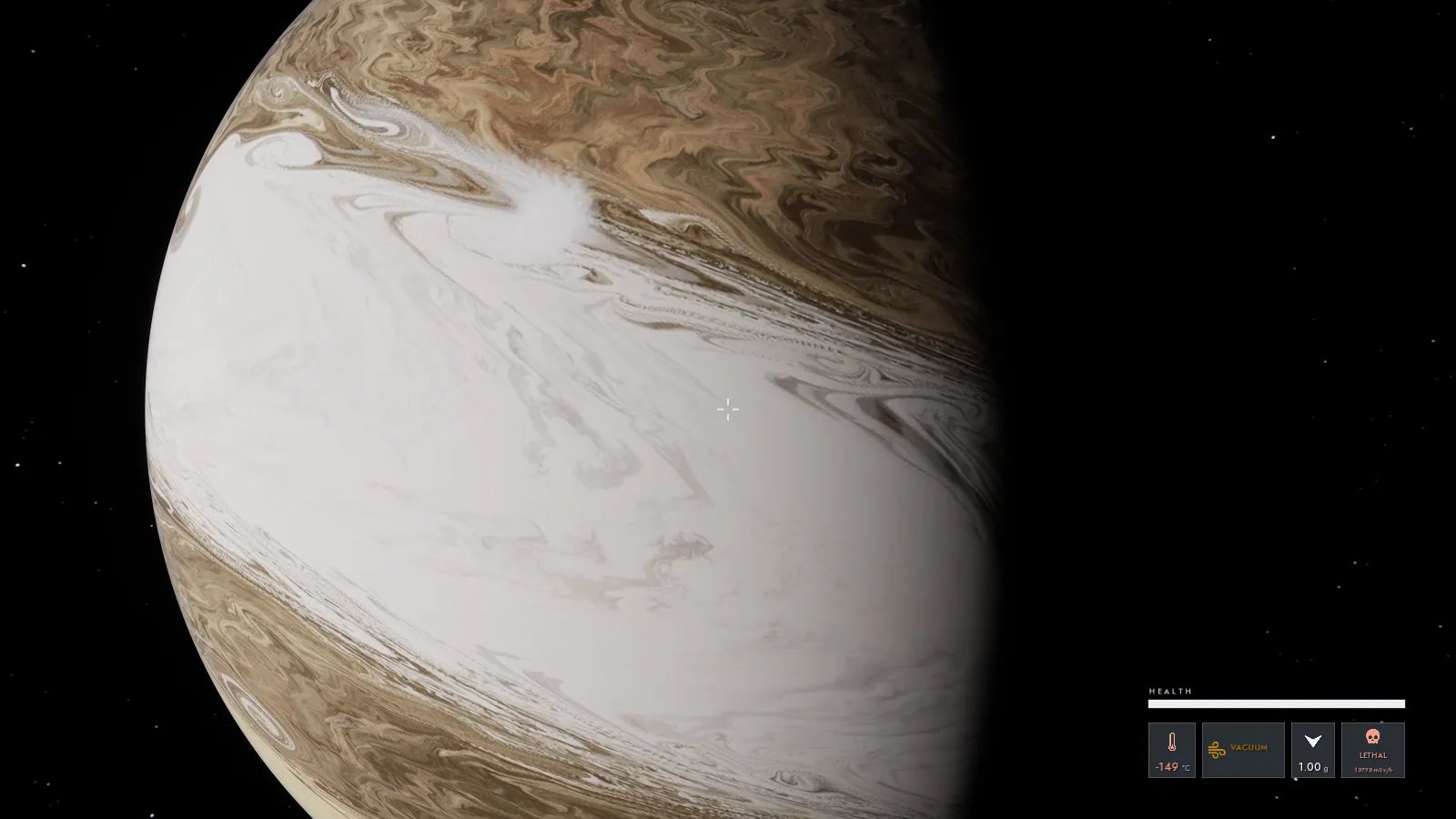 14 Ceti III from close in, cream and tan cloud bands with swirling storms