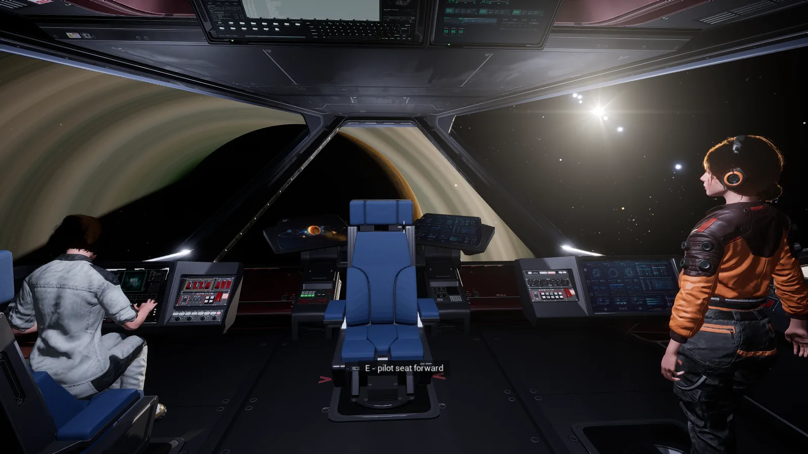 The Calliope's command deck with crew at the consoles and a ringed giant beyond the canopy