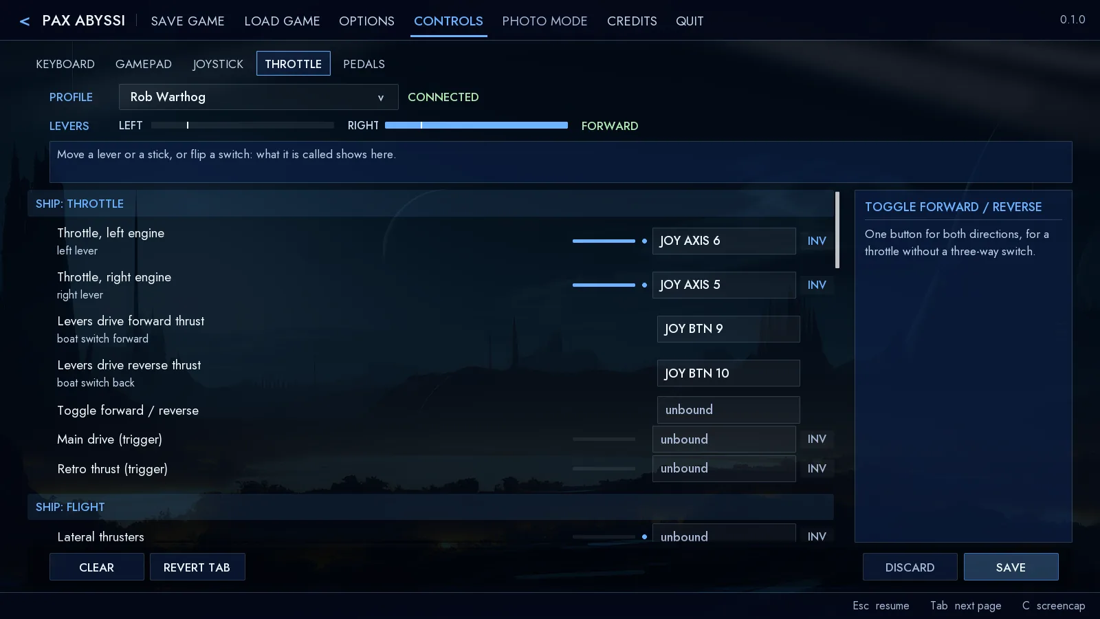 The CONTROLS tab's THROTTLE page with the Thrustmaster Warthog profile loaded and its lever bindings listed