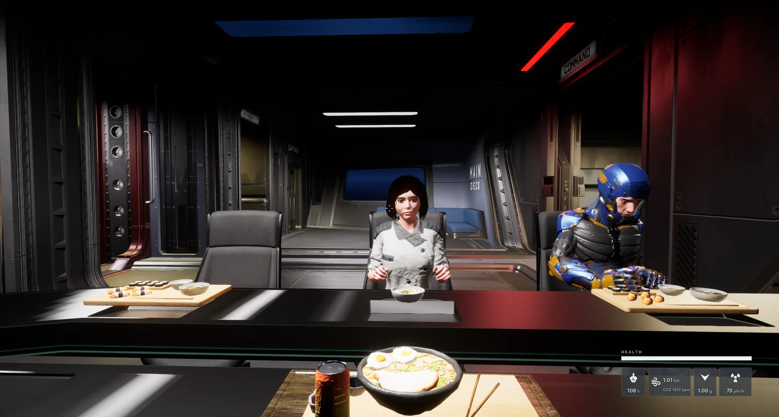 The Calliope's crew seated at the wardroom table for a meal