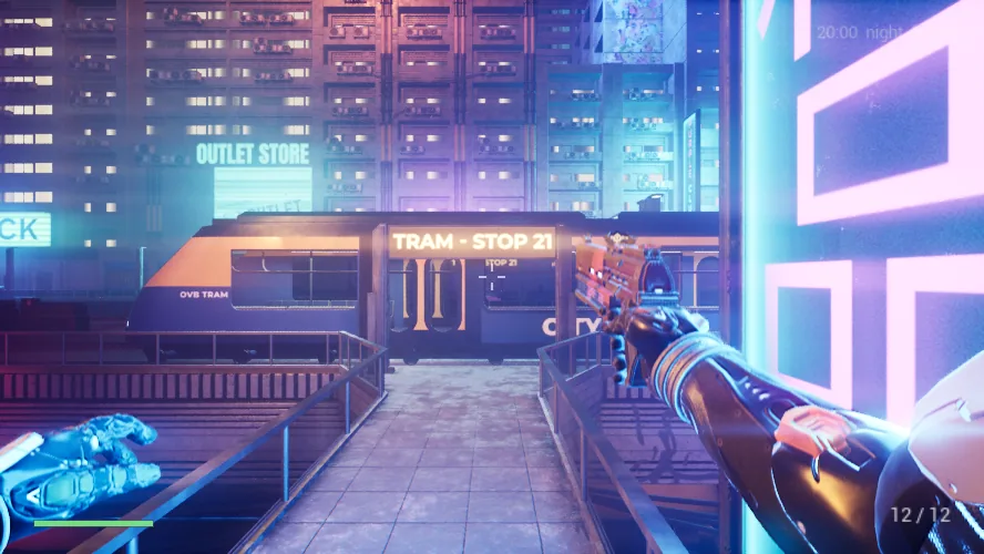 A neon-lit street crossing in Cyber Alley at night, a rifle held ready