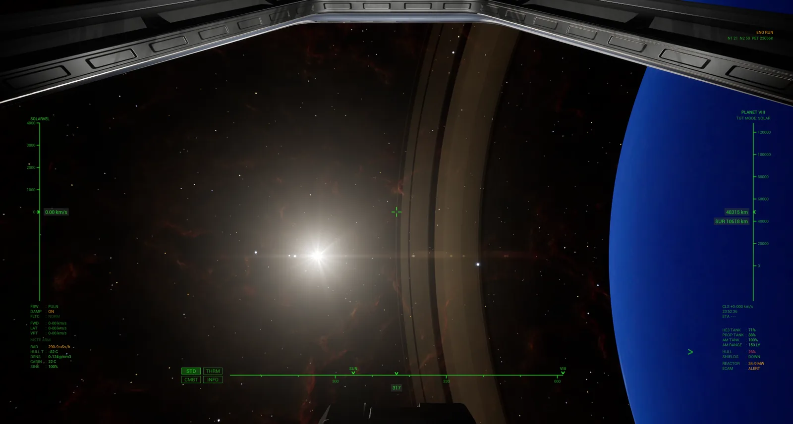 A bright star and the limb of a blue gas giant through the Calliope's canopy, with the flight HUD drawn over them