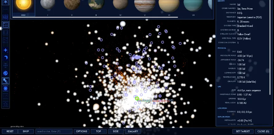 The in-game galaxy map pulled back to show the whole catalogue from above the plane of the Milky Way