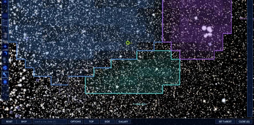 The in-game galaxy map as it opens, the catalogue stars of the neighbourhood with faction territory outlines