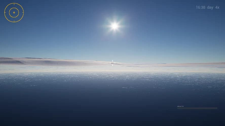 The white plain of Halcott Basin under a bright sun, seen from the colony