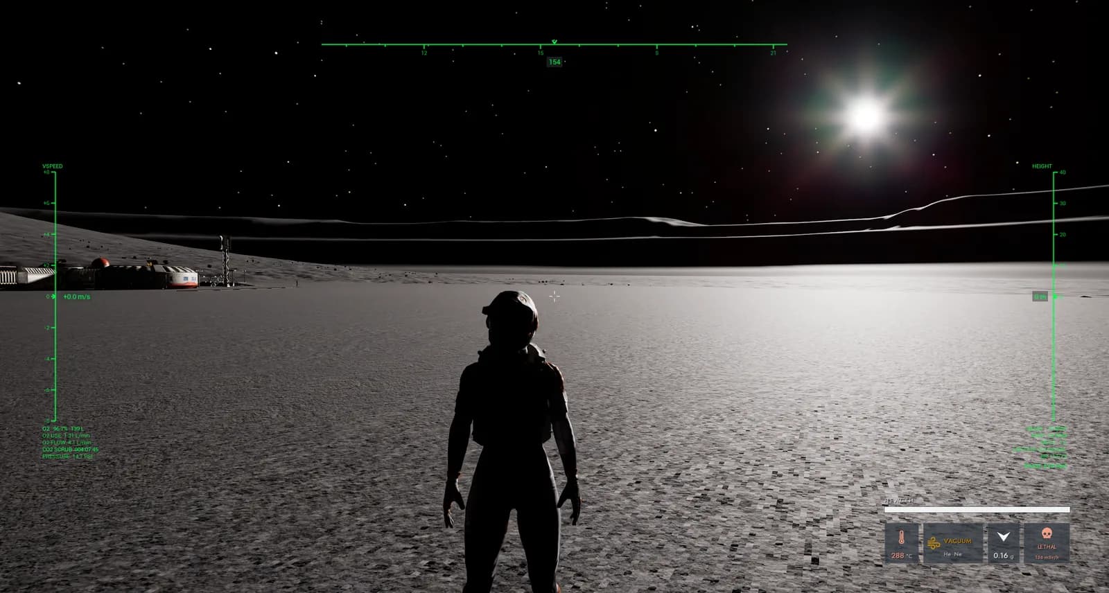 An astronaut standing on the grey plain of Halden Mare with the sun low on the horizon