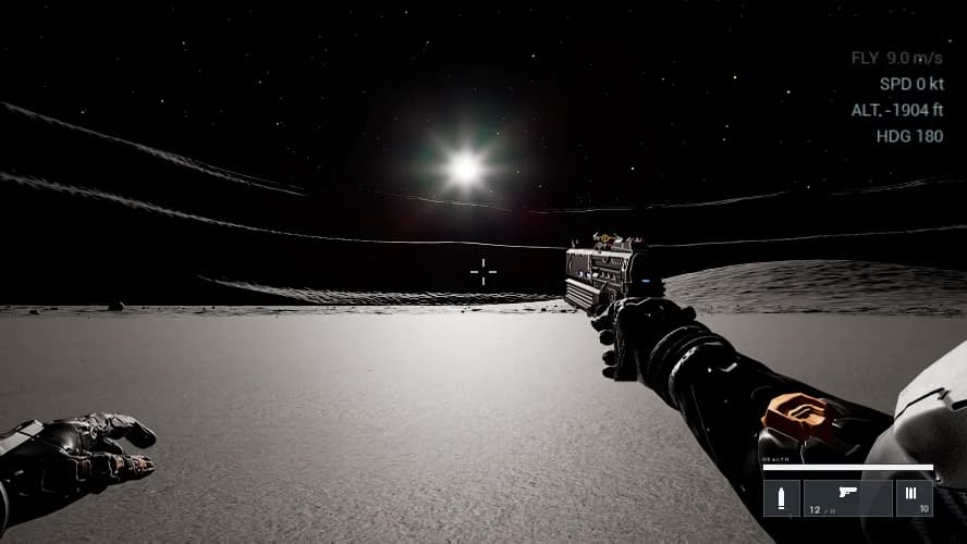 The floor of a crater on Halden Mare, a grey plain rising to a central peak, a sidearm in hand