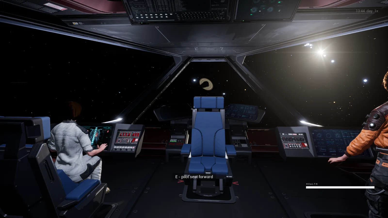 The Calliope's command deck with crew seated at the consoles and a bright star ahead through the canopy