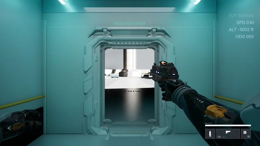 A Lunar Base airlock chamber with its exit door open onto a lit corridor