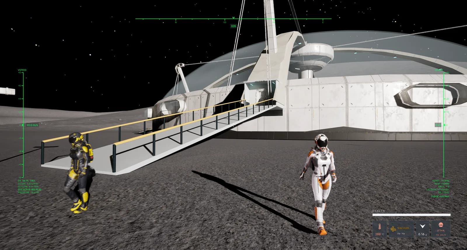 Two astronauts and a rover outside the Lunar Base on Halden Mare, with the dome behind them