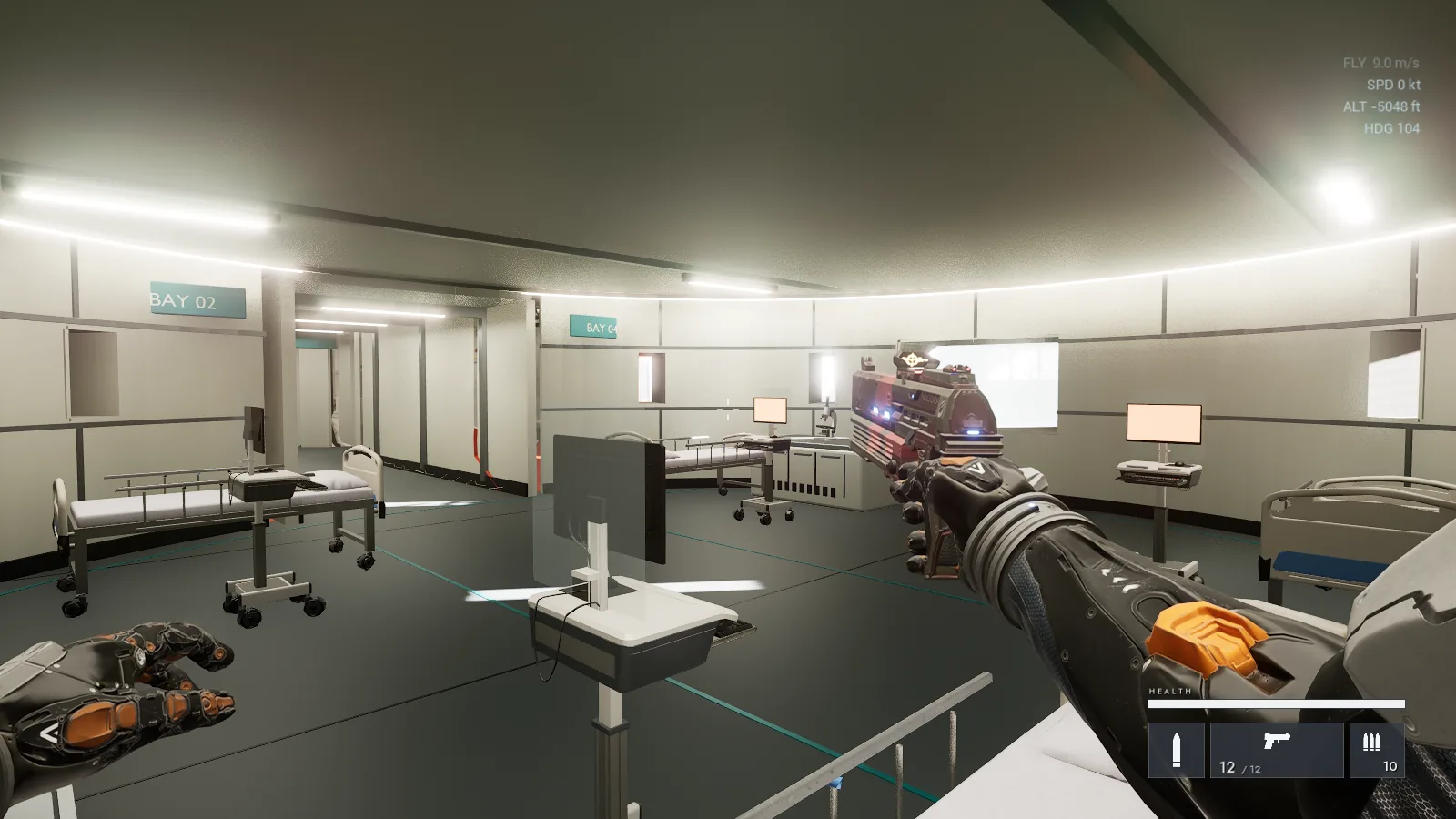 The furnished medical bay of the Lunar Base on Halden Mare, beds and terminals under white light