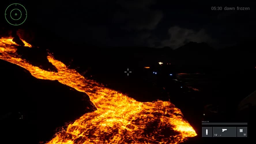 A river of lava on Mahuika at dawn, glowing orange against dark rock