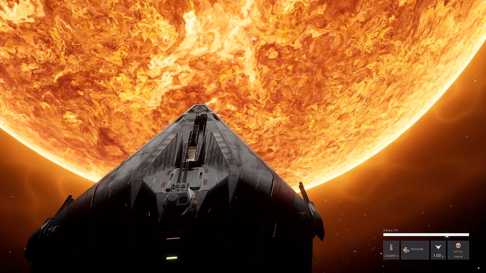 The Calliope seen from outside, nose-on, in the glare of a star