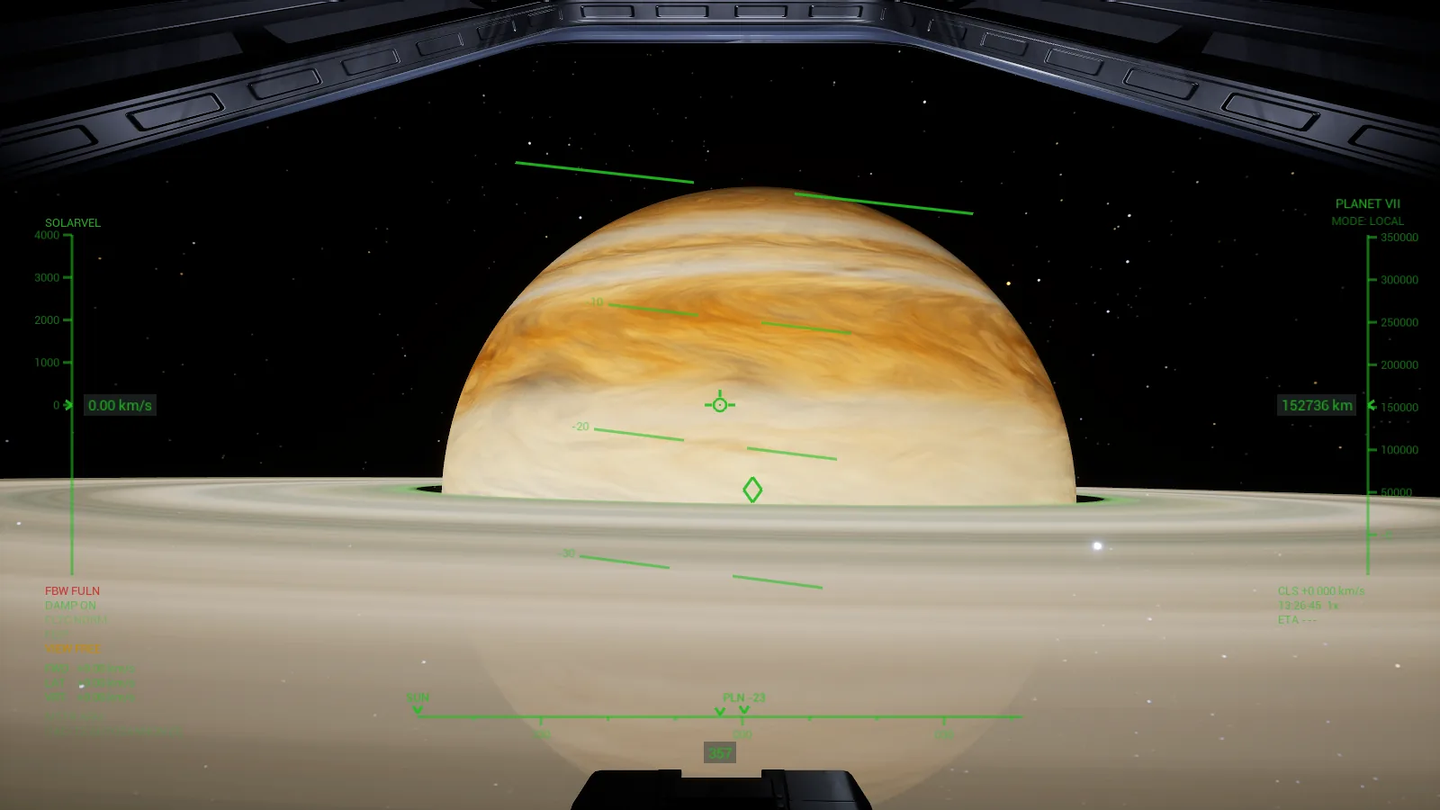 A tan banded gas giant and its rings from just above the ring plane, through the canopy