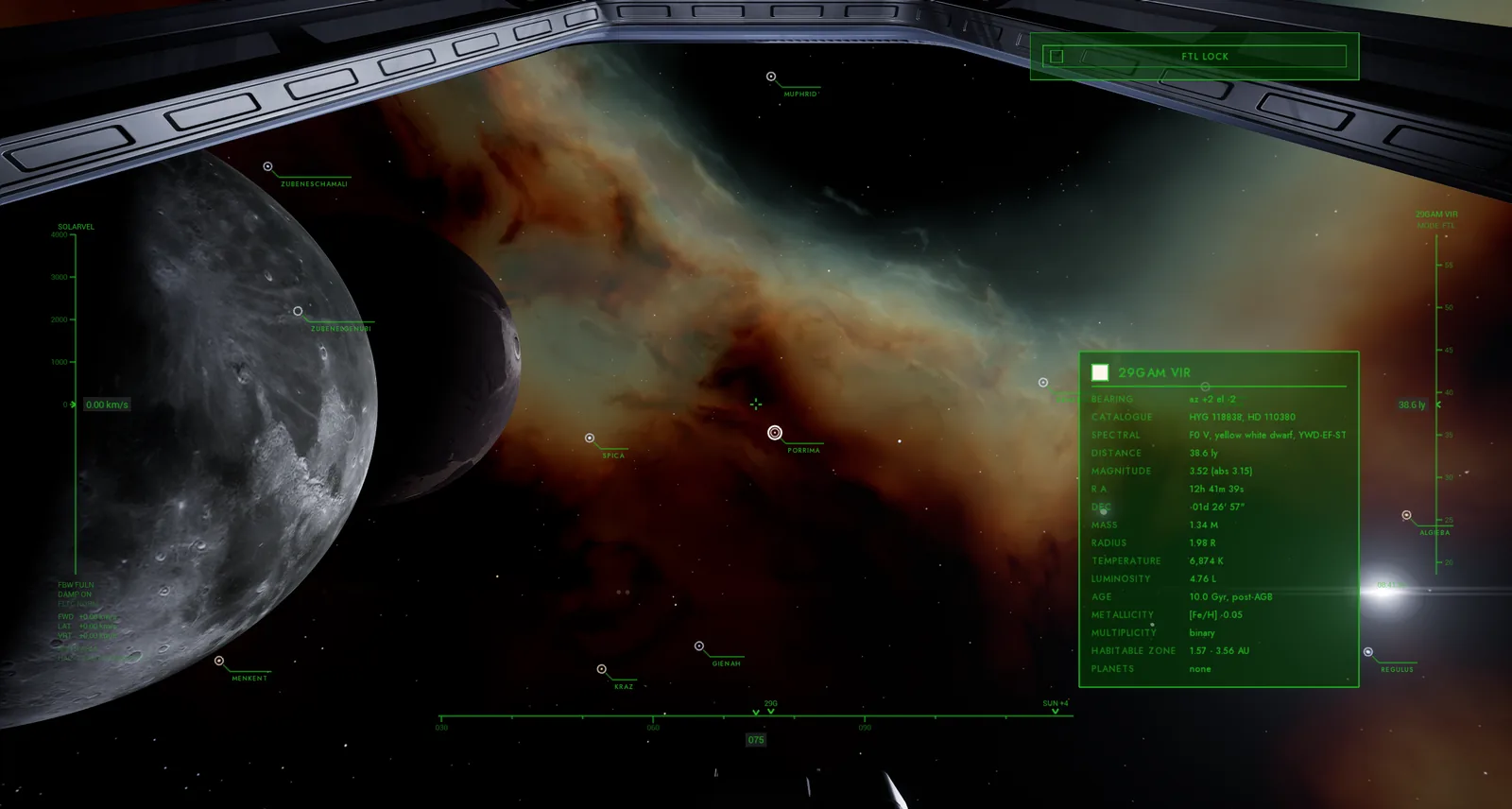 The cockpit sky with a moon, a nebula and a star sheet panel opened on a clicked star