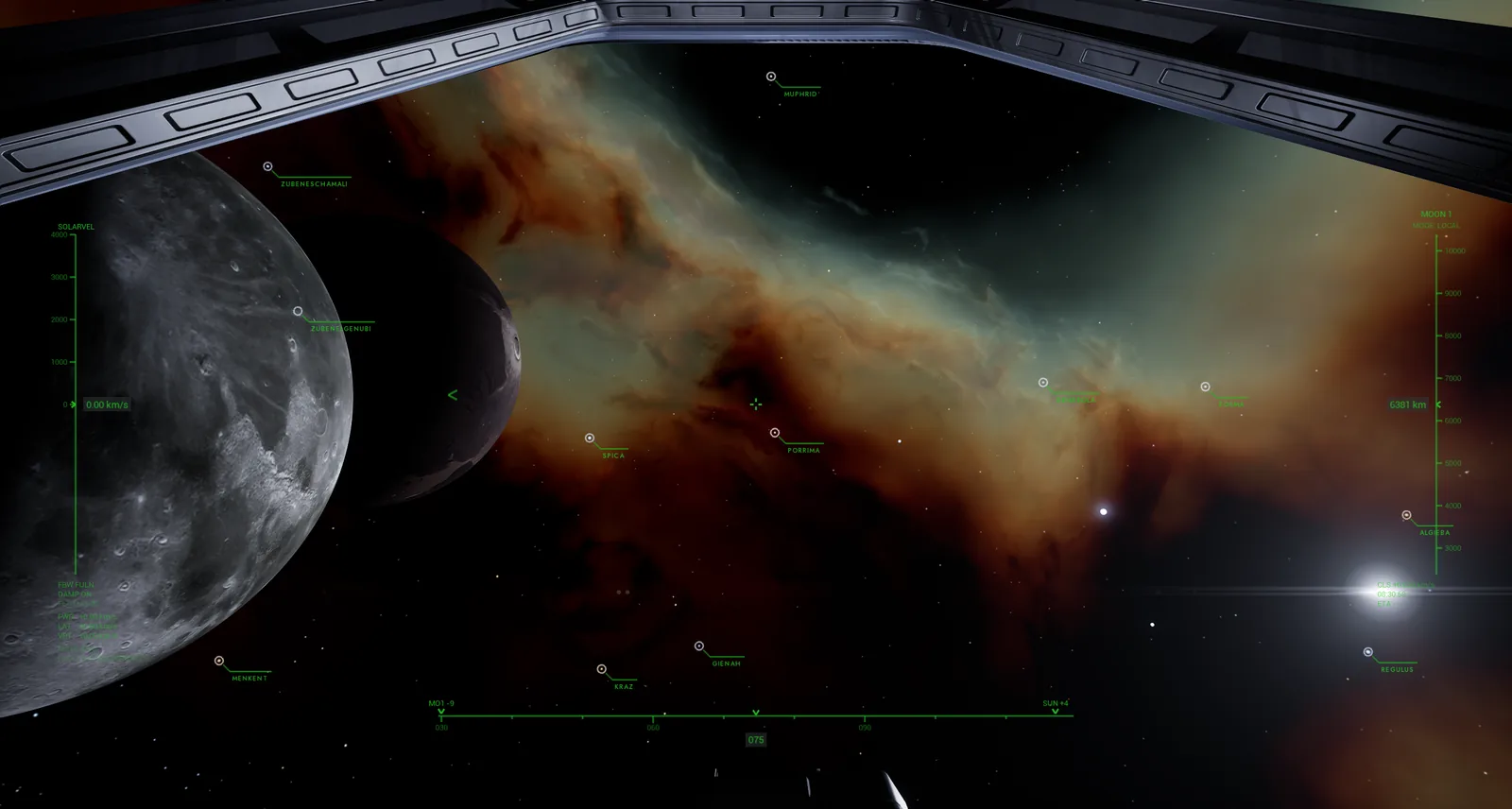 The cockpit sky with a moon and a nebula, the brighter stars labelled with their catalogue names