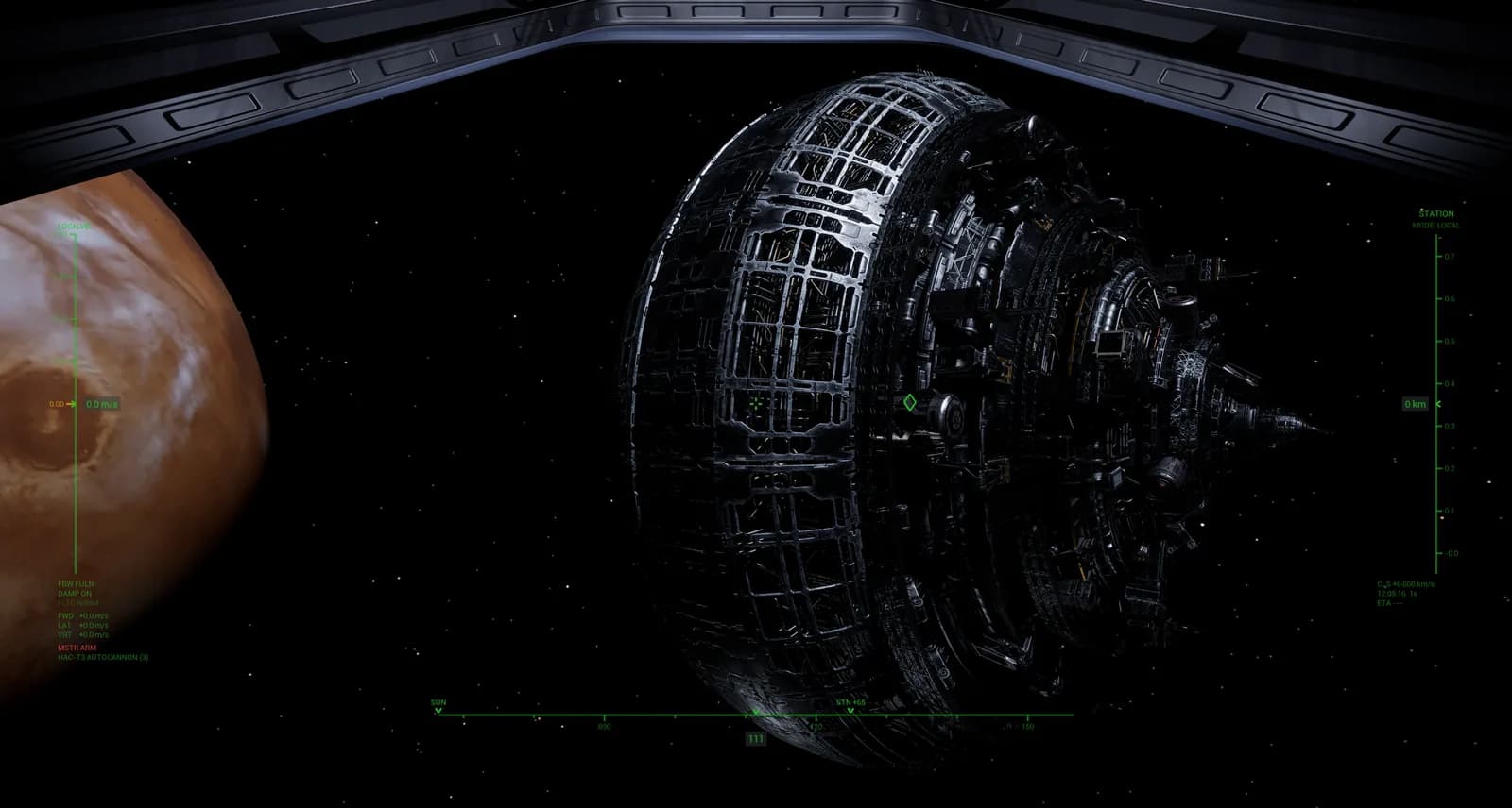A space station in orbit above a red desert world, from the seat