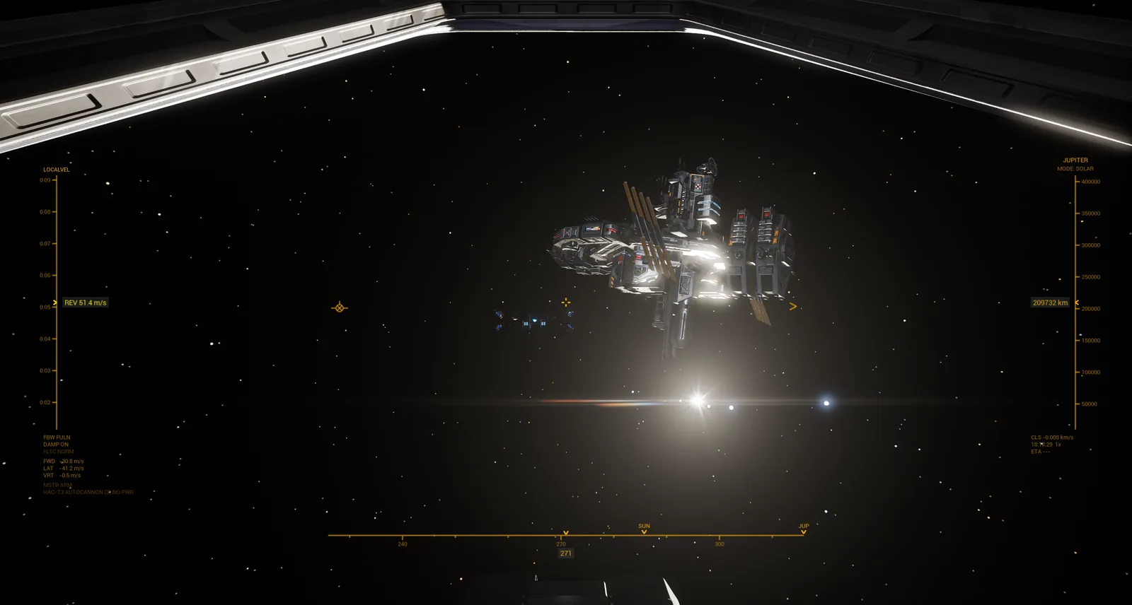 A space station silhouetted against the glare of its star, from the seat
