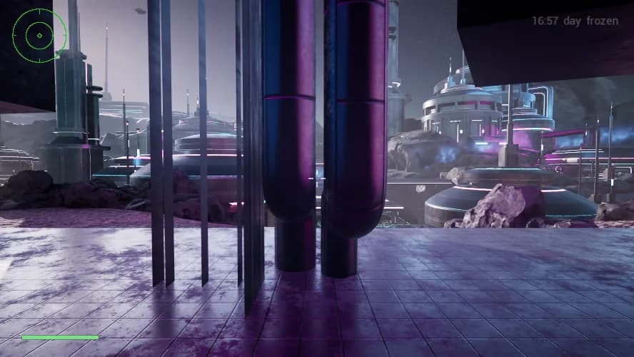 The tank yard at Port Hallow under violet light, armoured hulls parked between the structures