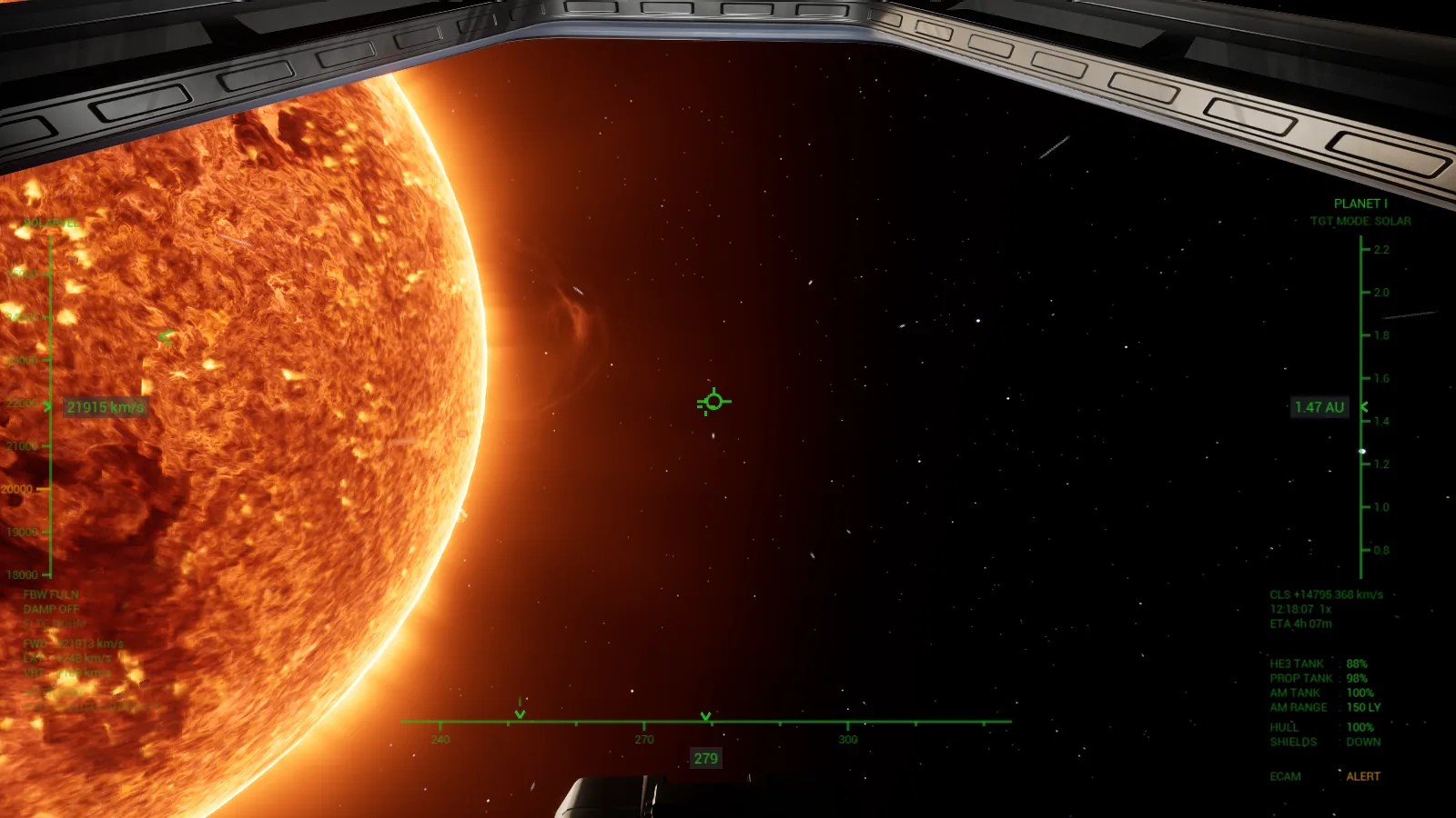 A star's granular surface filling the left of the canopy, with the flight HUD drawn