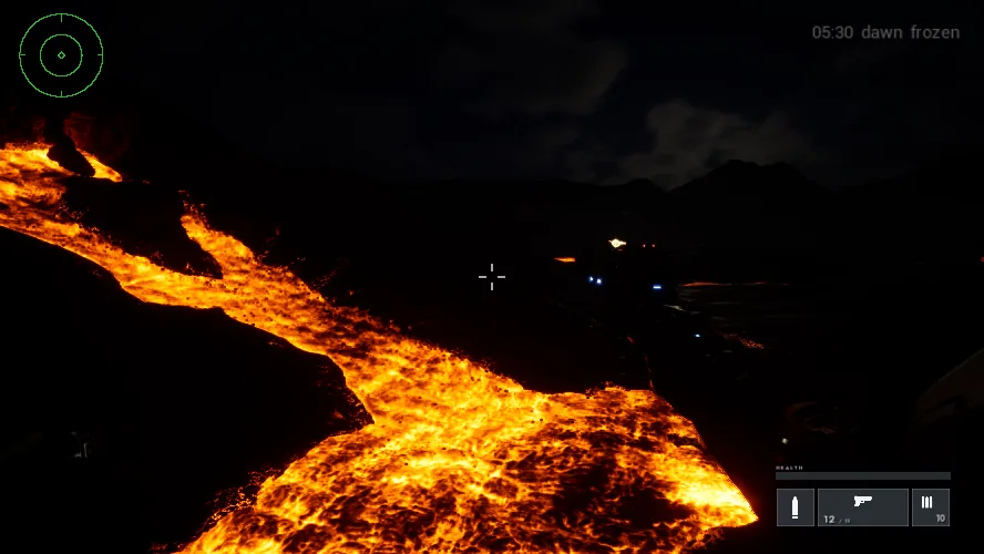 A river of lava on Mahuika at dawn, glowing orange against dark rock