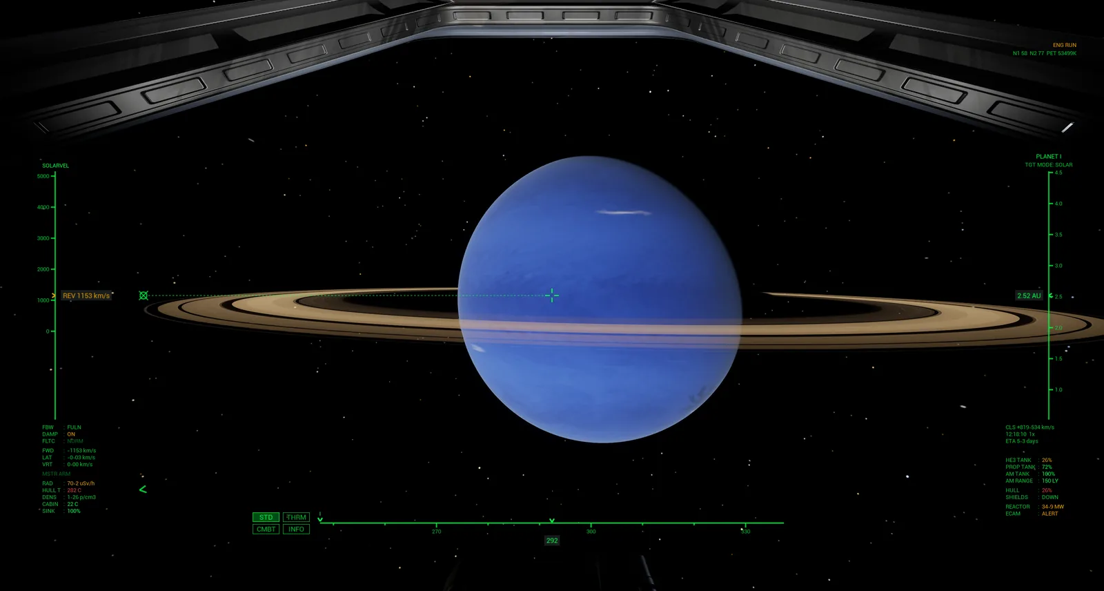 A blue ringed gas giant seen from the seat, its rings a thin bright line